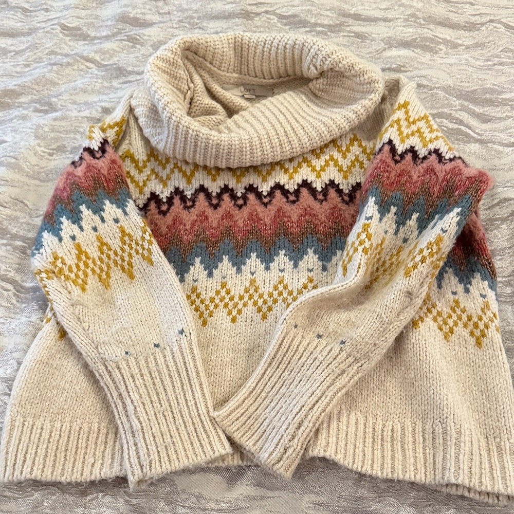 Loft Cozy Fair Isle Turtleneck Sweater - Cream with Pink, Blue & Mustard Accents